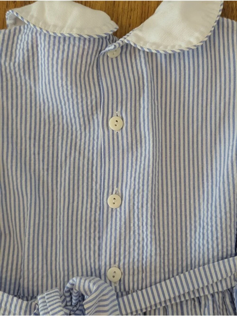 Vintage Sophie Dess Blue & White Striped Smocked Dress With Peter Pan Collar & P